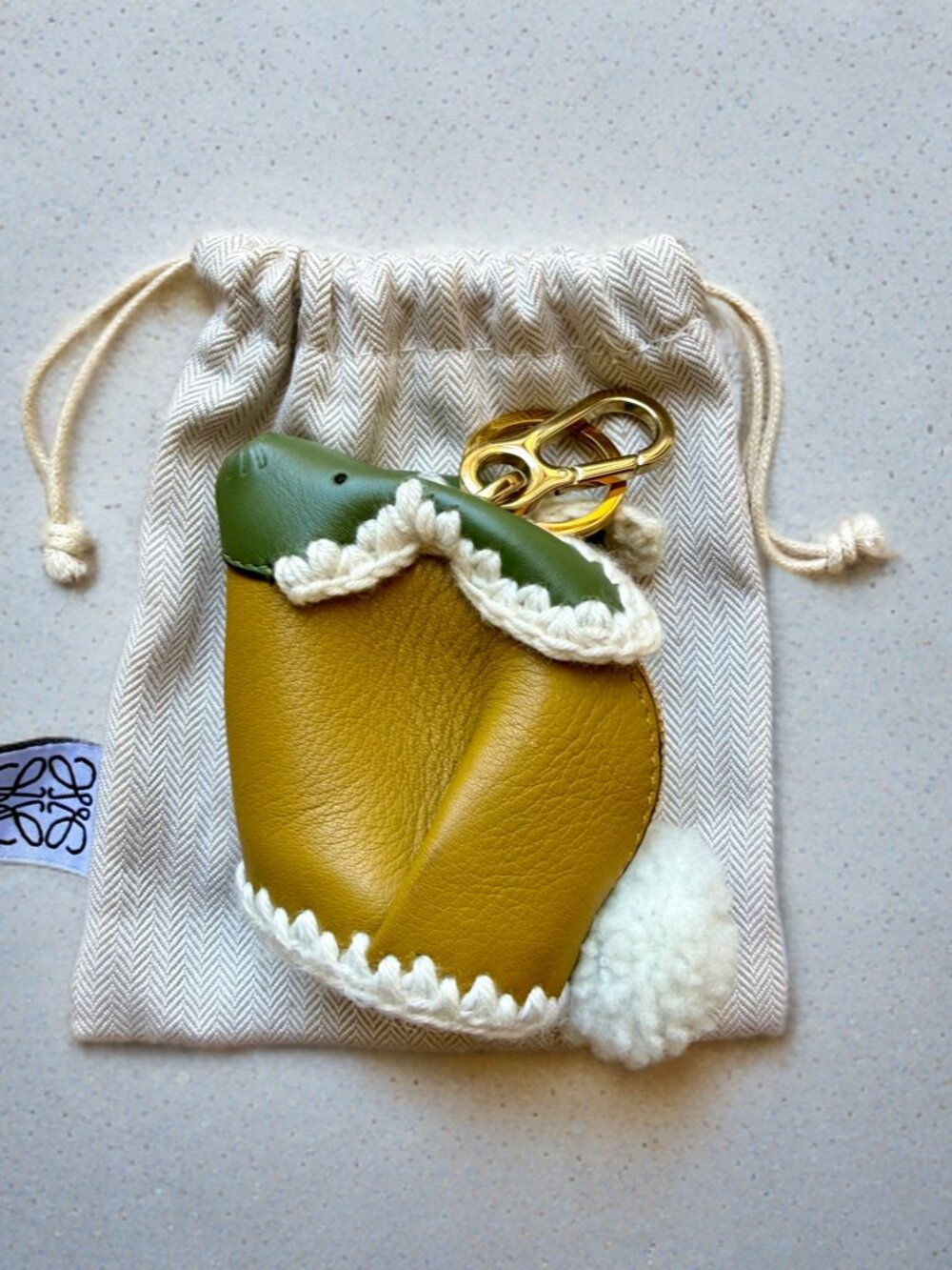 Loewe Green Yellow Leather Bunny Rabbit Coin Case Key Chain Charm